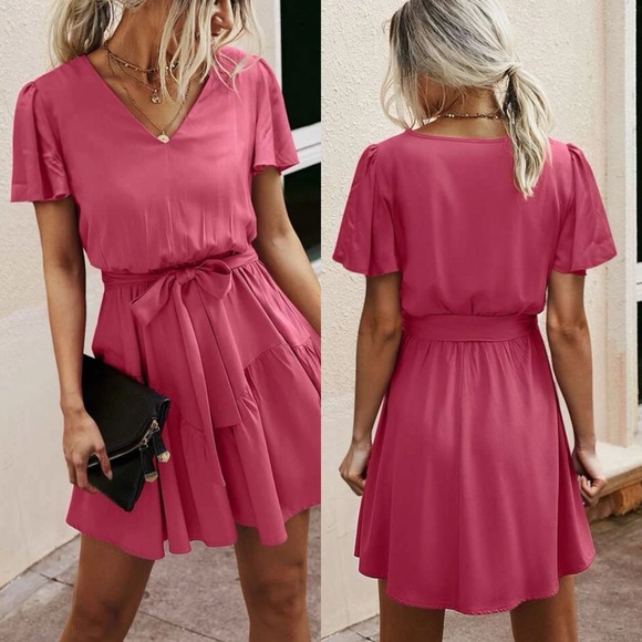 Short sleeve v neck belted flowy boho dress olive green - Picture 7 of 8